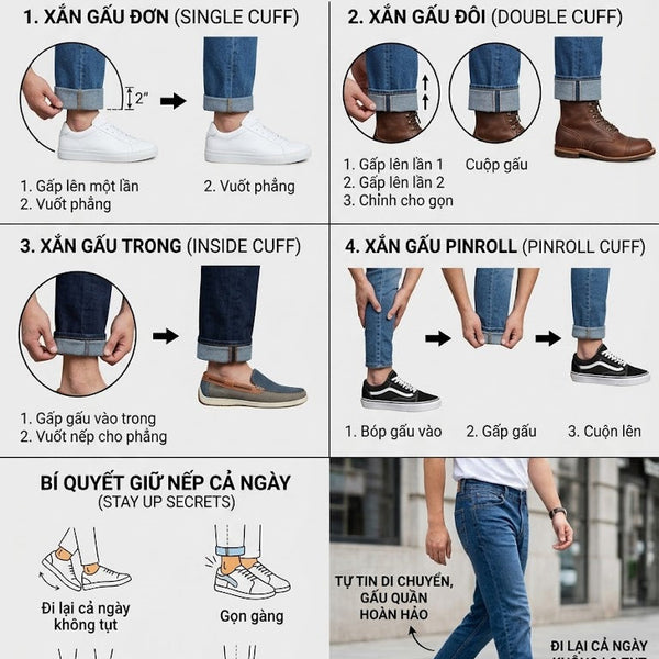 Cách xắn gấu quần jean nam gọn gàng, đi lại cả ngày không bị tụt.