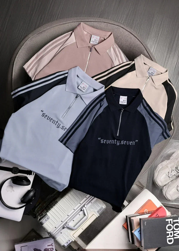 Áo Polo Cổ Khóa Kéo Vải Thoáng Khí Seventy Seven 018 Màu Nâu Be Dáng Rộng Rãi F4