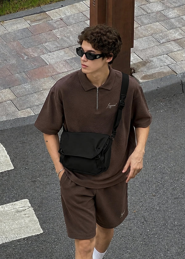 Áo Polo Cổ Khóa Kéo Tiện Lợi FlexFit™ Vải Dệt Vân Nổi Lạ Mắt The No Style 128 Màu Nâu Đậm Dáng Rộng Rãi F4