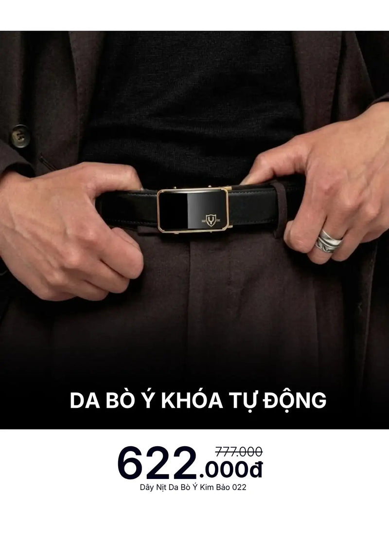 Dây Nịt Da Bò Ý Khóa Tự Động Hợp Kim Mạ Vàng 24K Kim Bảo 022 Màu Đen