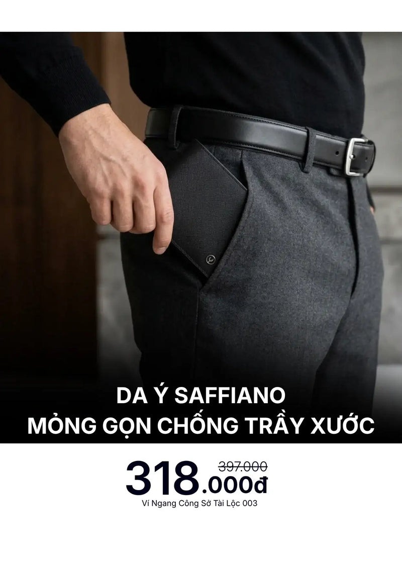 Ví Ngang Da Saffiano Ý Mỏng Gọn Chống Trầy Xước Tài Lộc 003 Màu Đen