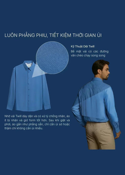 Áo Sơ Mi Tay Dài Vải Ngải Cứu StayFresh™ Chạm Mát Lạnh, Ngăn Mùi Hôi The CEO 002 Màu Xanh Dương Dáng Ôm Vừa F2