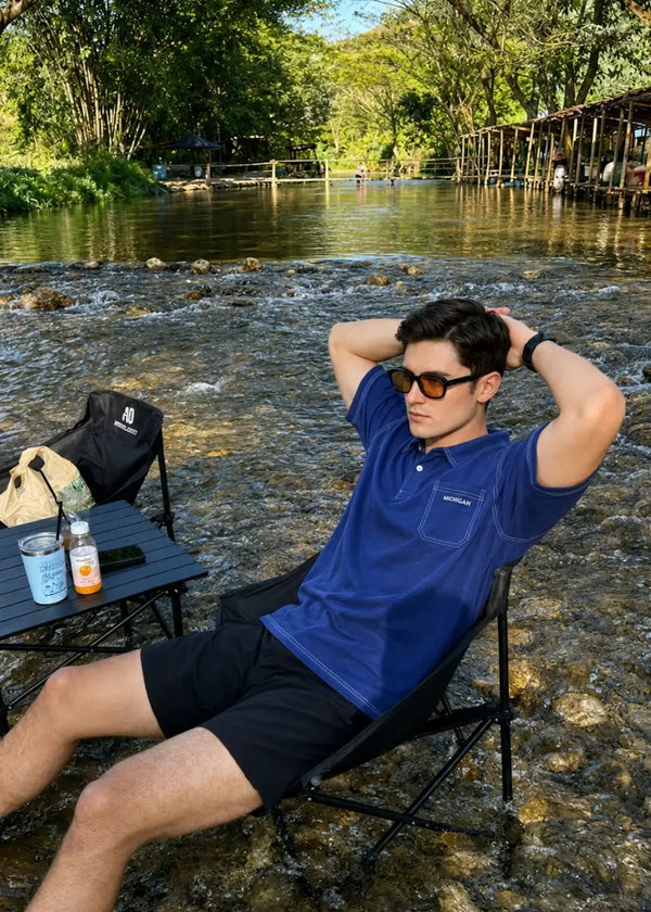 Áo Polo Cotton Co Giãn Thoải Mái FlexFit™ Điểm Nhấn Chỉ Nổi The No Style 027 Màu Xanh Dương Đậm Dáng Rộng Rãi F4