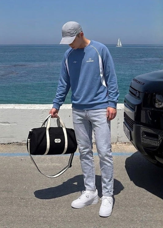 Áo Thun Tay Dài Sweater Viền Màu "STRONGER" The No Style 169 Màu Xanh Dương Dáng Rộng Rãi F4