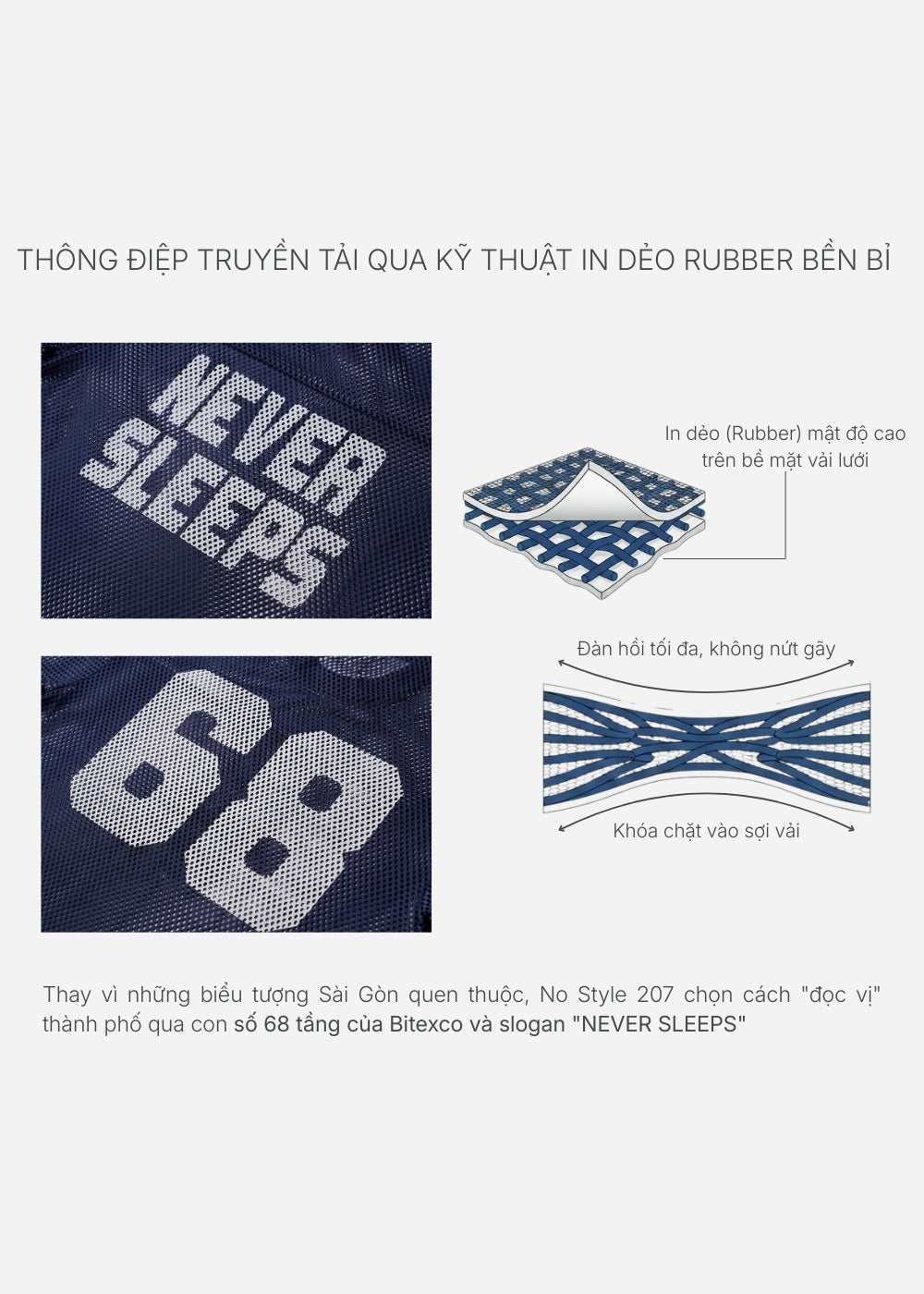 Áo Thun Vải Dệt Lưới AirDry™ Thoát Nhiệt Nhanh "NEVER SLEEPS" The No Style 207 Màu Xanh Dương Đậm Dáng Rộng Rãi F4