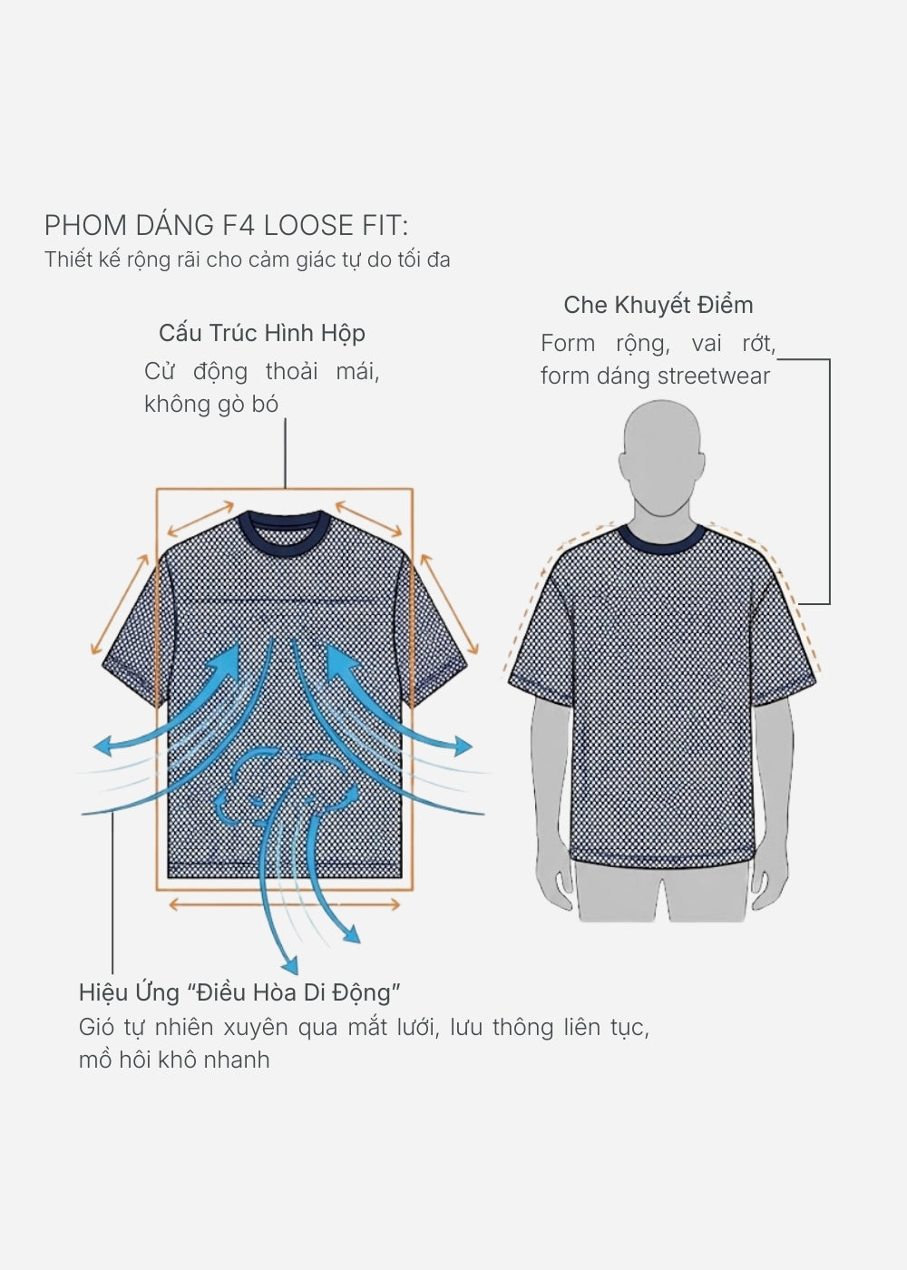 Áo Thun Vải Dệt Lưới AirDry™ Thoát Nhiệt Nhanh "NEVER SLEEPS" The No Style 207 Màu Xanh Dương Đậm Dáng Rộng Rãi F4