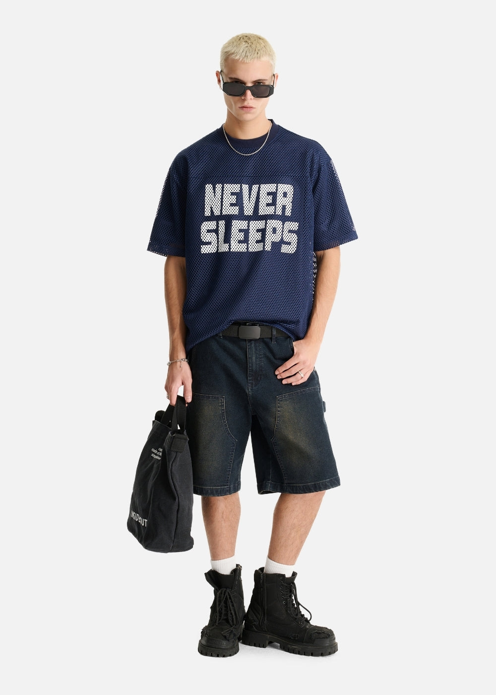 Áo Thun Vải Dệt Lưới AirDry™ Thoát Nhiệt Nhanh "NEVER SLEEPS" The No Style 207 Màu Xanh Dương Đậm Dáng Rộng Rãi F4