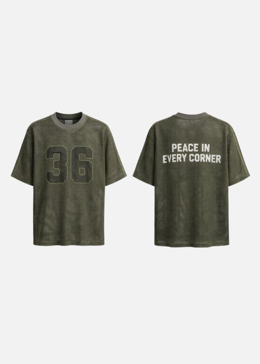 Áo Thun Vải Dệt Lưới AirDry™ Thoát Nhiệt Nhanh "PEACE IN EVERY CORNER" The No Style 209 Màu Xanh Lá Đậm Dáng Rộng Rãi F4