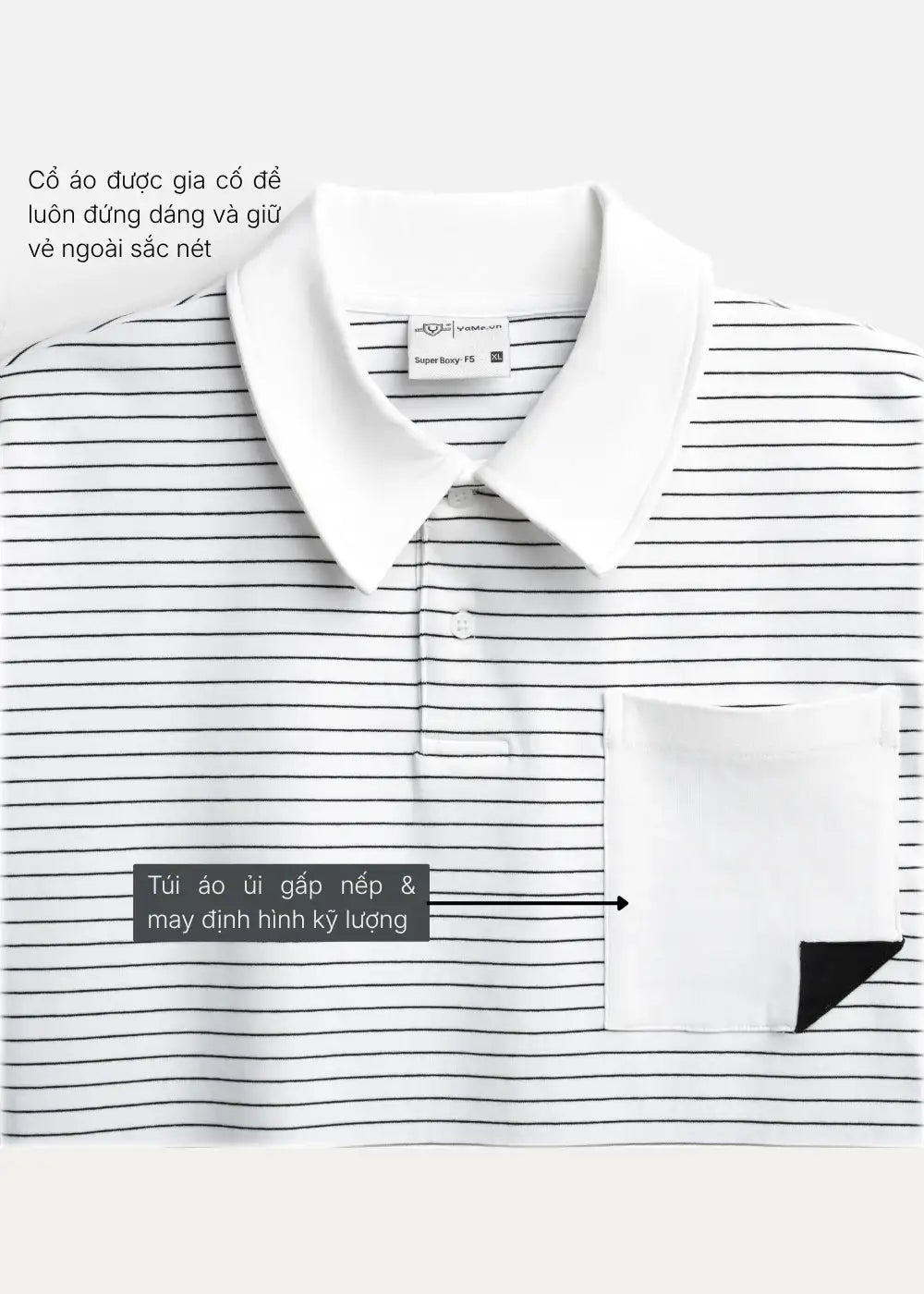 Áo Polo Sọc Boxy FlexFit™ Vải Co Giãn Túi Xếp Origami The No Style 245 Màu Trắng 11 Dáng Hộp F5