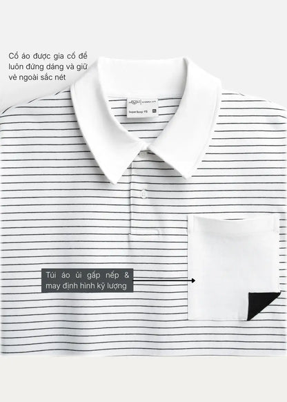 Áo Polo Sọc Boxy FlexFit™ Vải Co Giãn Túi Xếp Origami The No Style 245 Màu Trắng 11 Dáng Hộp F5