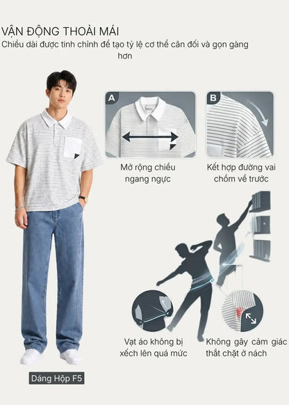 Áo Polo Sọc Boxy FlexFit™ Vải Co Giãn Túi Xếp Origami The No Style 245 Màu Trắng 11 Dáng Hộp F5