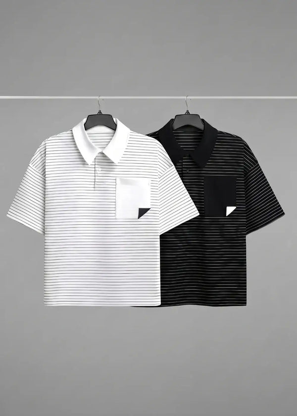 Áo Polo Sọc Boxy FlexFit™ Vải Co Giãn Túi Xếp Origami The No Style 245 Màu Trắng 11 Dáng Hộp F5