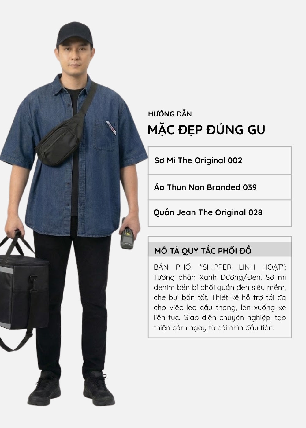 Áo Sơ Mi Jean Tay Ngắn DurableTex™ Vải Đứng Dáng Sờ Mịn Tay The Original 002 Màu Xanh Dương Dáng Rộng Rãi F4