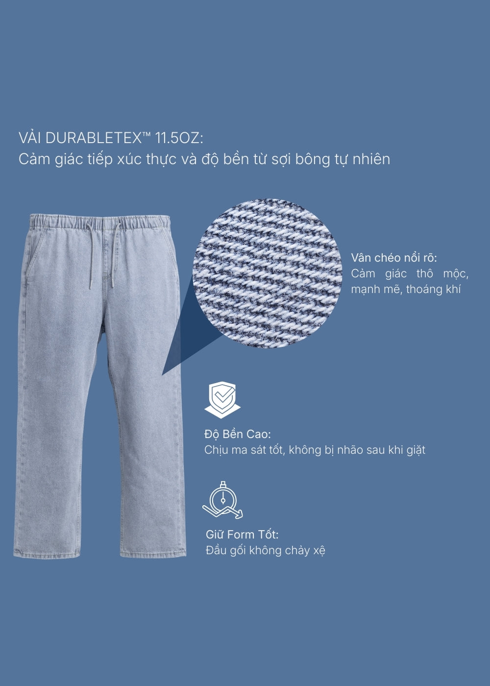 Quần Jean Vải DurableTex™ Cực Bền, Lưng Thun Mặc Êm Bụng The Original 101 Màu Xanh Dương Nhạt Dáng Rộng Rãi F4