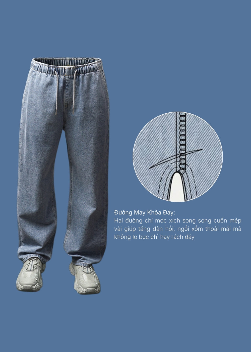 Quần Jean Vải DurableTex™ Cực Bền, Lưng Thun Mặc Êm Bụng The Original 101 Màu Xanh Dương Nhạt Dáng Rộng Rãi F4