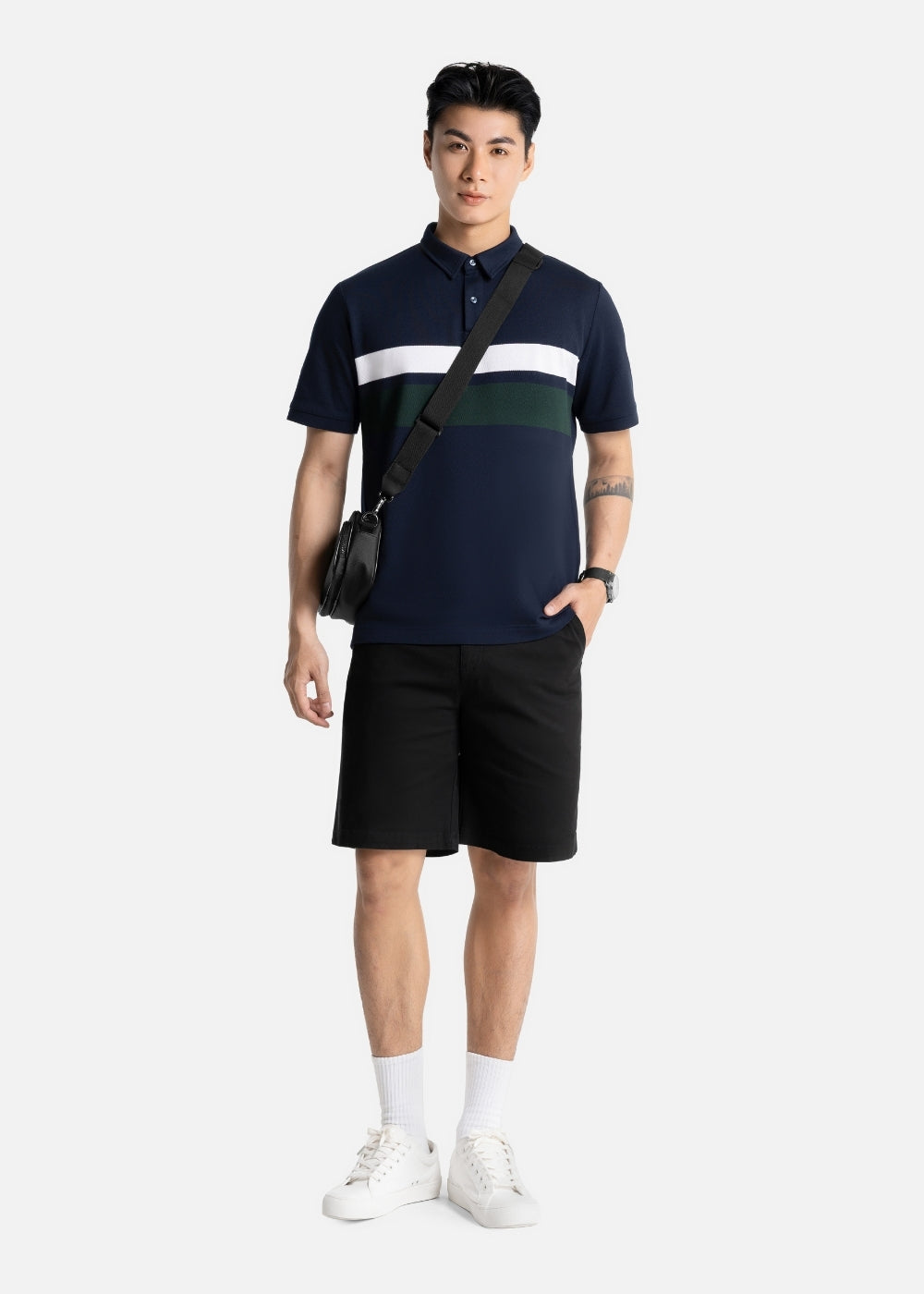 Áo Polo Cổ Khóa Kéo ColorLock™ Vải Cá Sấu Thoáng Mát Khóa Màu Sâu The Weekend 008 Màu Xanh Dương Trắng Dáng Vừa Vặn F3