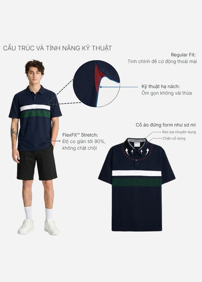 Áo Polo Cổ Khóa Kéo ColorLock™ Vải Cá Sấu Thoáng Mát Khóa Màu Sâu The Weekend 008 Màu Trắng Xanh Dương Dáng Vừa Vặn F3