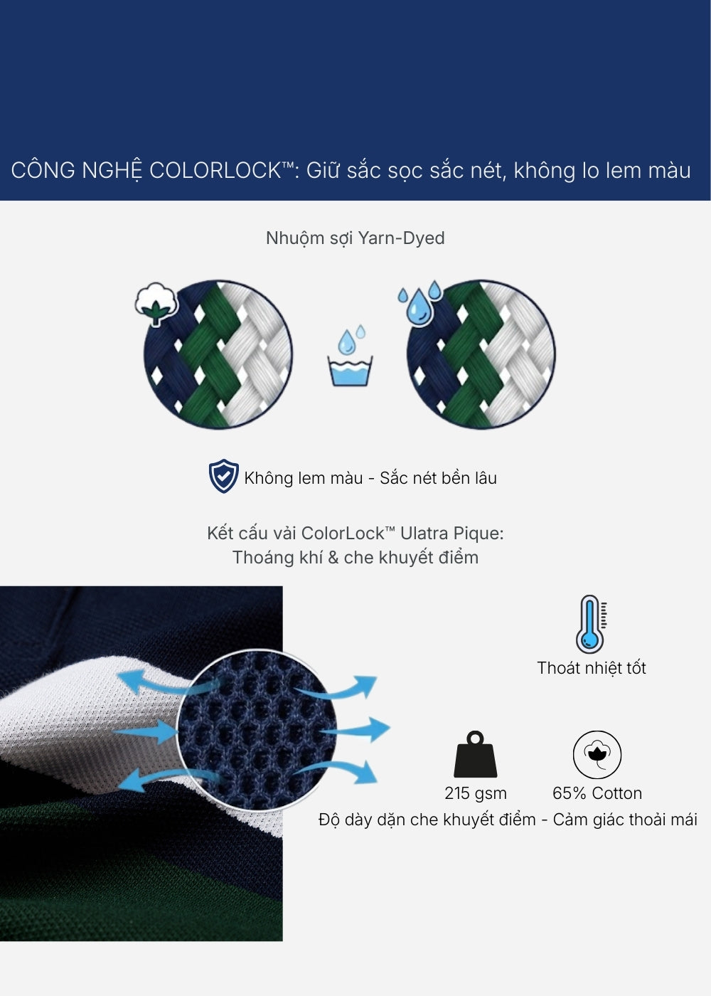 Áo Polo Cổ Khóa Kéo ColorLock™ Vải Cá Sấu Thoáng Mát Khóa Màu Sâu The Weekend 008 Màu Trắng Xanh Dương Dáng Vừa Vặn F3