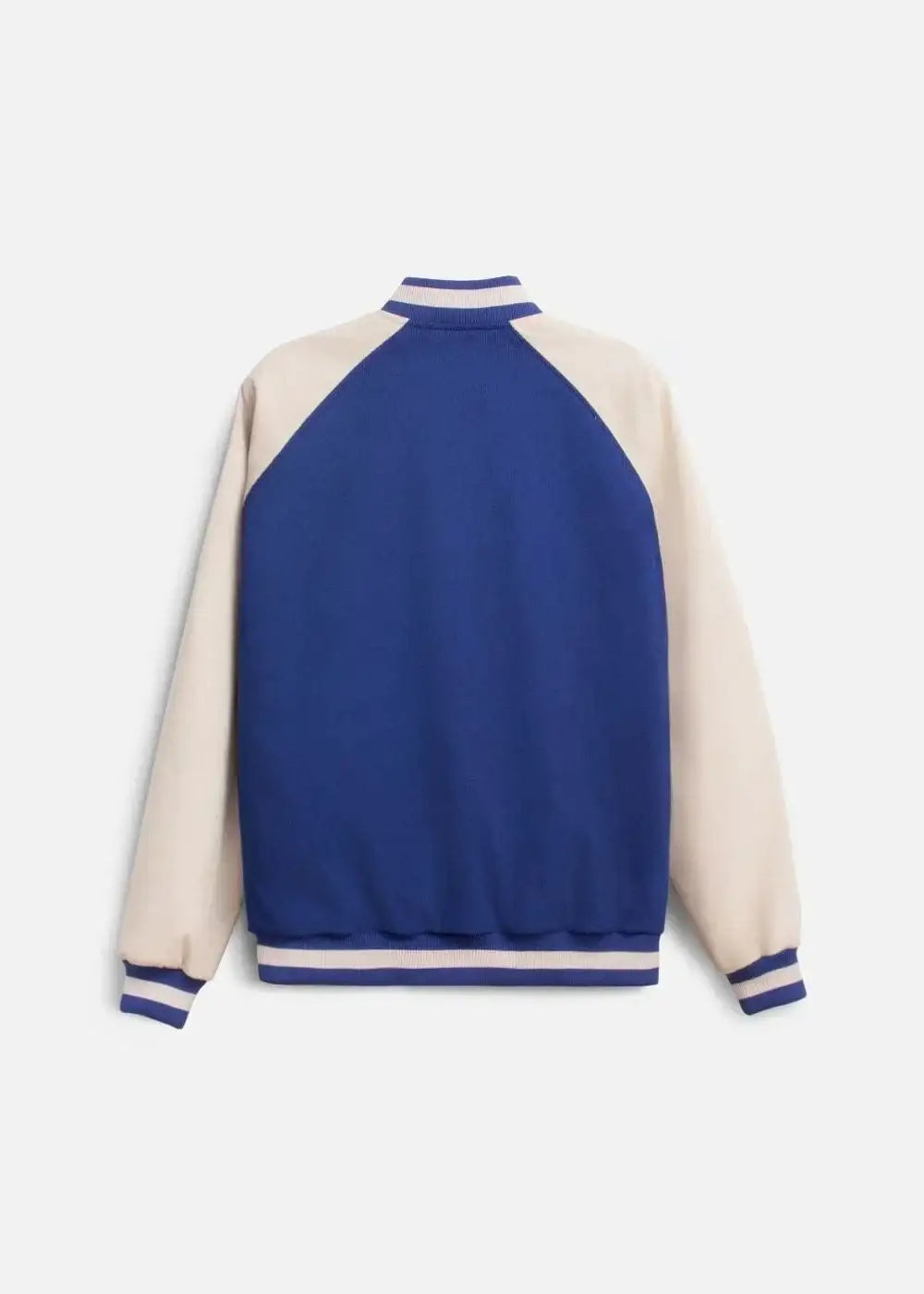 Áo khoác nam màu xanh navy phối kem, thiết kế tay raglan, cổ và gấu áo viền sọc, phong cách thể thao trẻ trung