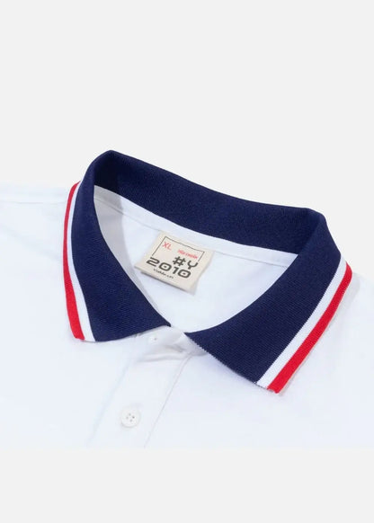 Áo polo nam trắng cổ xanh navy viền đỏ trắng, thiết kế tinh tế tôn dáng, mặc bền, không lỗi mốt