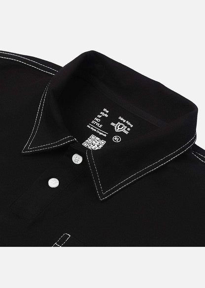 Áo polo nam đen viền chỉ trắng, cổ bẻ tinh tế, thiết kế không lỗi mốt, tôn dáng người Việt
