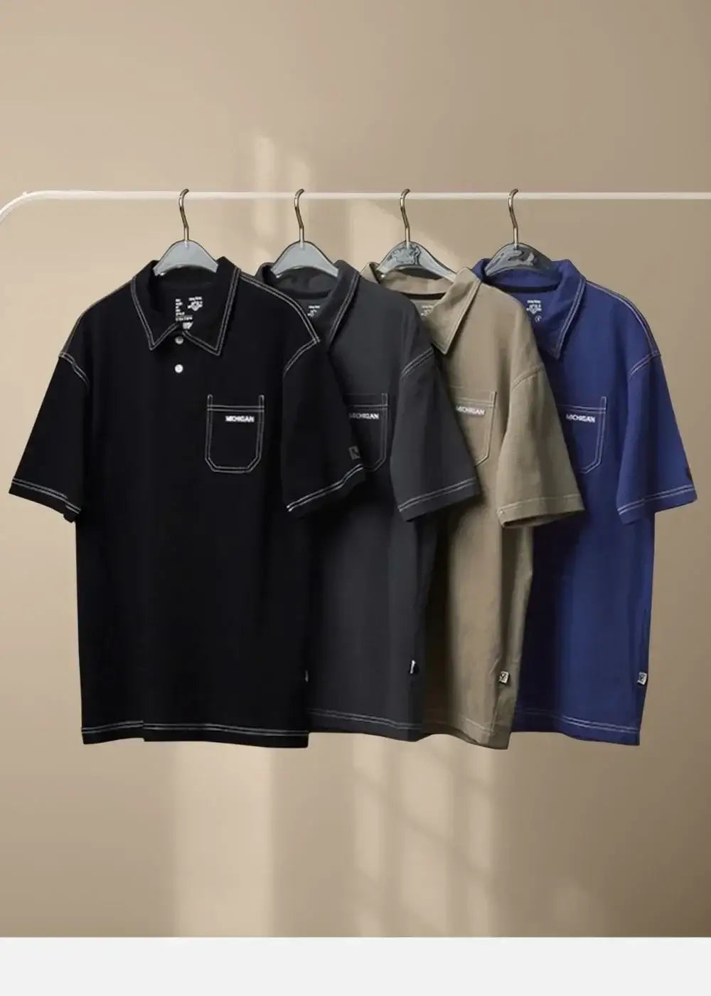 Áo polo nam cổ bẻ, 4 màu đen xám be xanh, thiết kế túi ngực, đường chỉ nổi, mặc bền mặc mềm