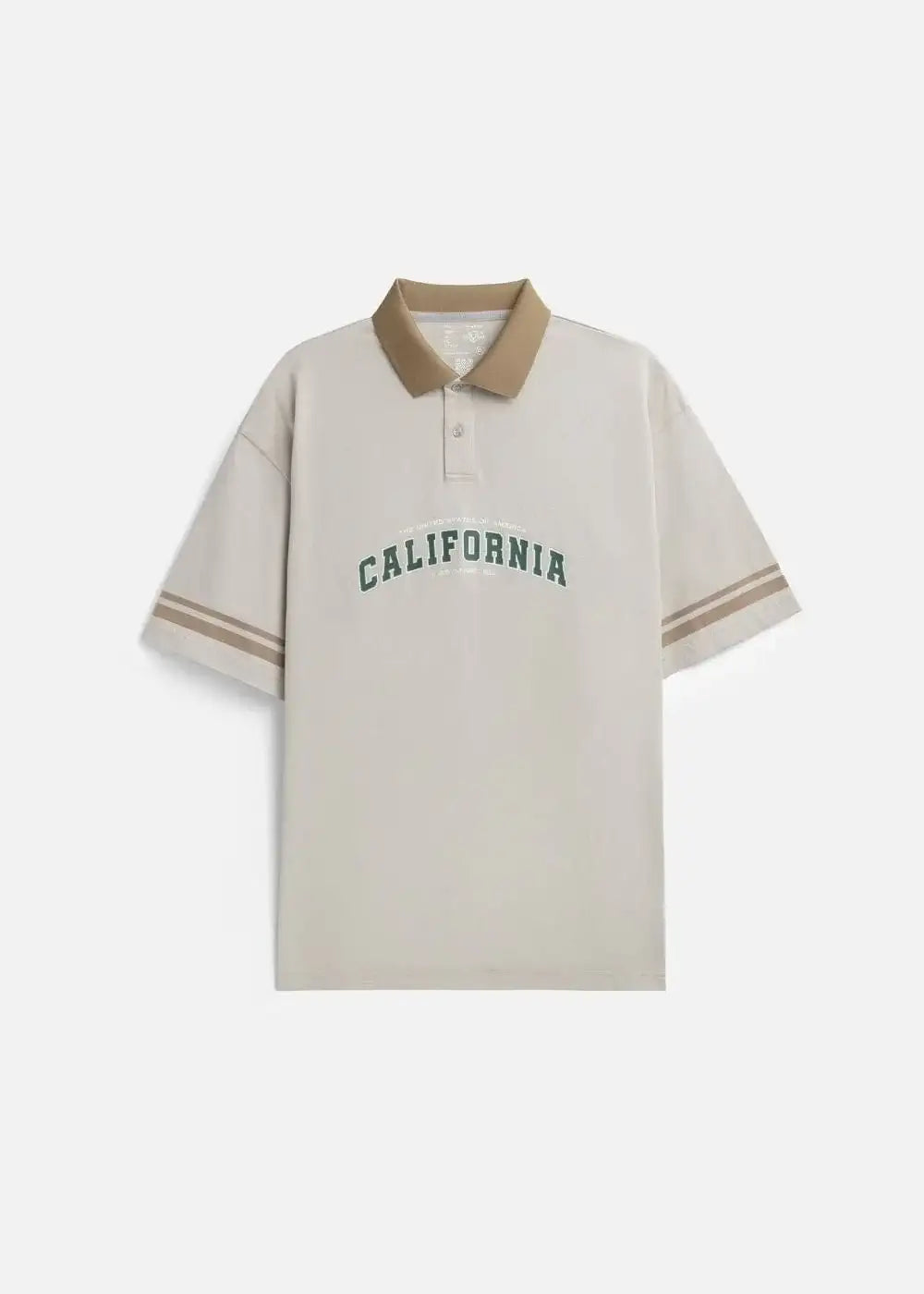 Áo polo nam màu be in chữ California, cổ bẻ, tay ngắn, thiết kế trẻ trung, phong cách Mỹ