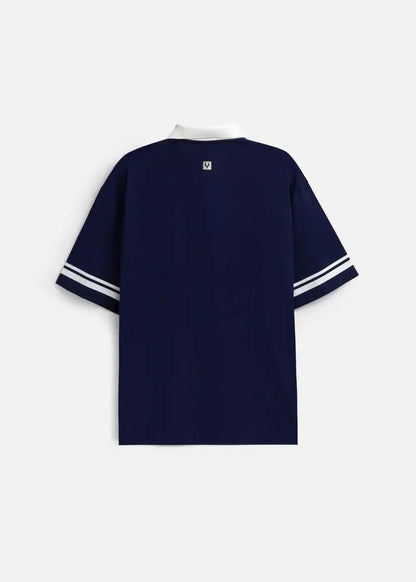 Áo polo nam màu xanh navy tay ngắn, cổ trắng, viền tay hai sọc trắng, thiết kế tôn dáng, mặc bền, không lỗi mốt