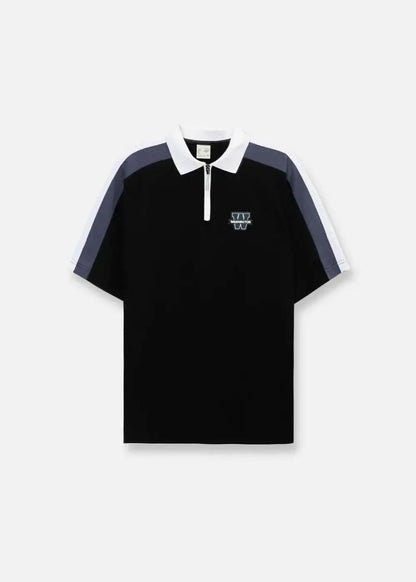 Áo polo nam màu đen tay phối xanh trắng, cổ bẻ, khóa kéo, logo chữ W thời trang, mặc bền, tôn dáng