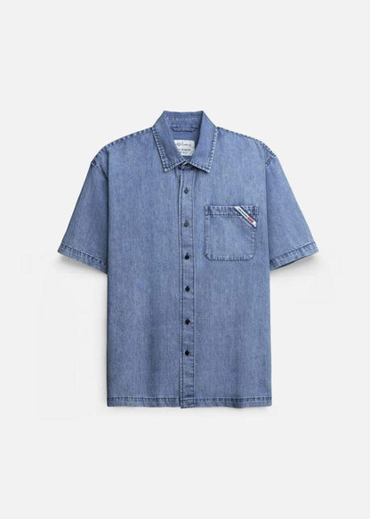 Áo Sơ Mi Jean Tay Ngắn Mềm Oversized The Original 002 Xanh Dương Nhạt - YaMe.vn