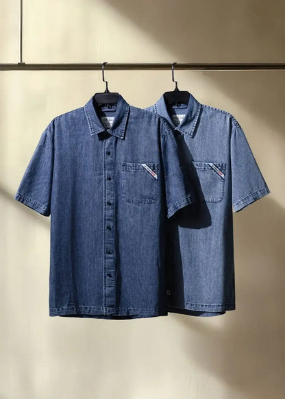 Áo Sơ Mi Jean Tay Ngắn Mềm Oversized The Original 002 Xanh Dương Nhạt - YaMe.vn