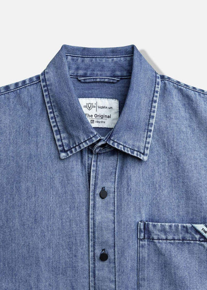 Áo Sơ Mi Jean Tay Ngắn Mềm Oversized The Original 002 Xanh Dương Nhạt - YaMe.vn