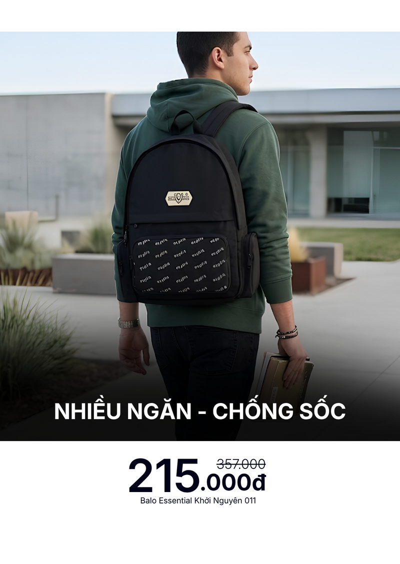 Balo Essential Bền Bỉ Kháng Lực Chống Sốc Trọng Lượng Nhẹ Đeo Lâu Không Mỏi Khởi Nguyên 011 Màu Đen