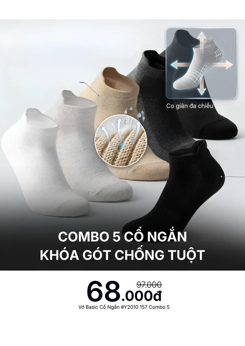 Combo 5 Vớ Basic Cổ Ngắn Heel Tab Khóa Gót Chống Tuột #Y2010 157 Free Color